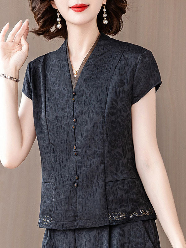Red Black Jacquard Mothers V Neck Blouse Top