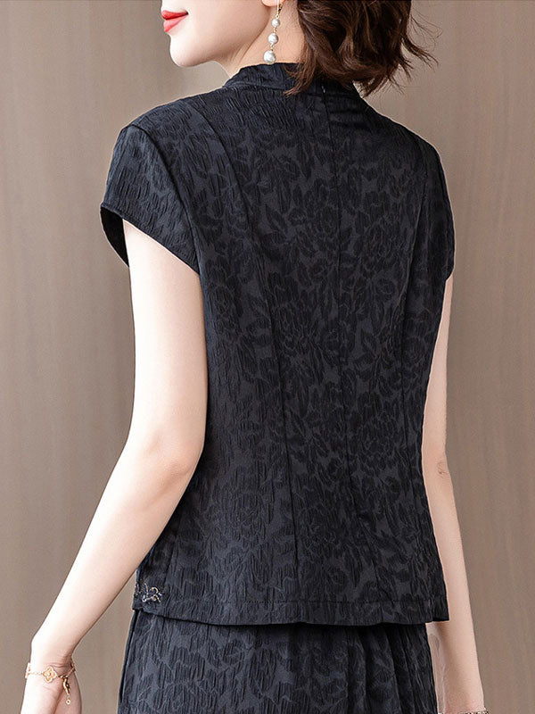 Red Black Jacquard Mothers V Neck Blouse Top