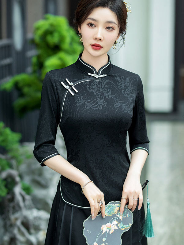 Black Red Mothers Cheongsam Blouse Top