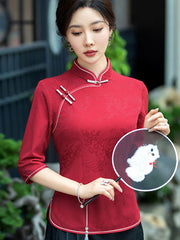 Black Red Mothers Cheongsam Blouse Top