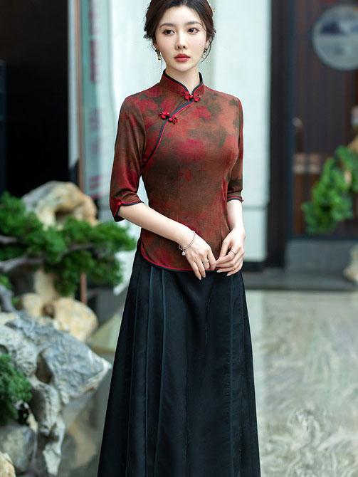 Red Floral Print Mothers Cheongsam Blouse Top