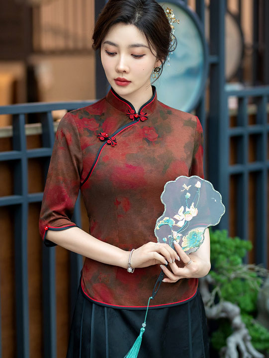 Red Floral Print Mothers Cheongsam Blouse Top