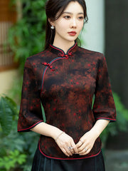 Red Floral Print Mothers Cheongsam Blouse Top