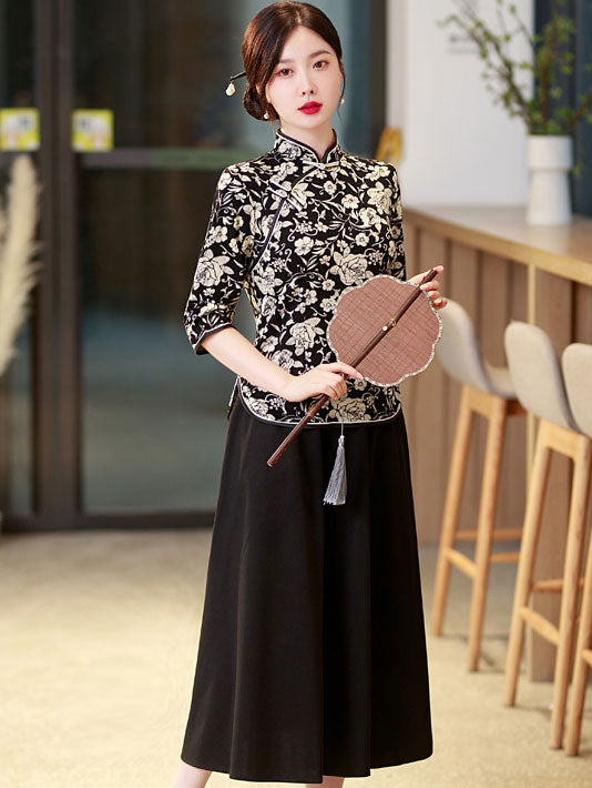 Color Block Floral Print Cheongsam Blouse Top