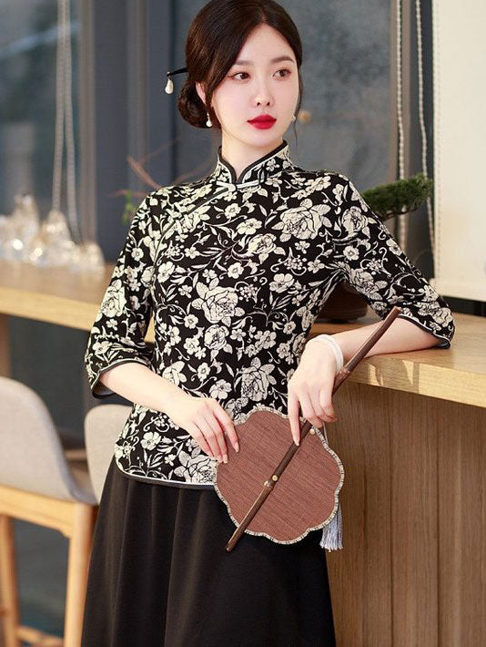 Color Block Floral Print Cheongsam Blouse Top