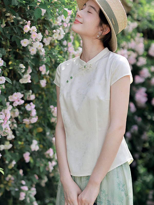 White Jacquard Floral Cheongsam Blouse Top