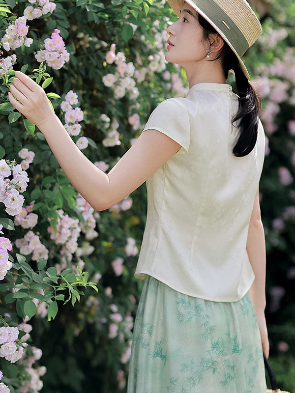 White Jacquard Floral Cheongsam Blouse Top