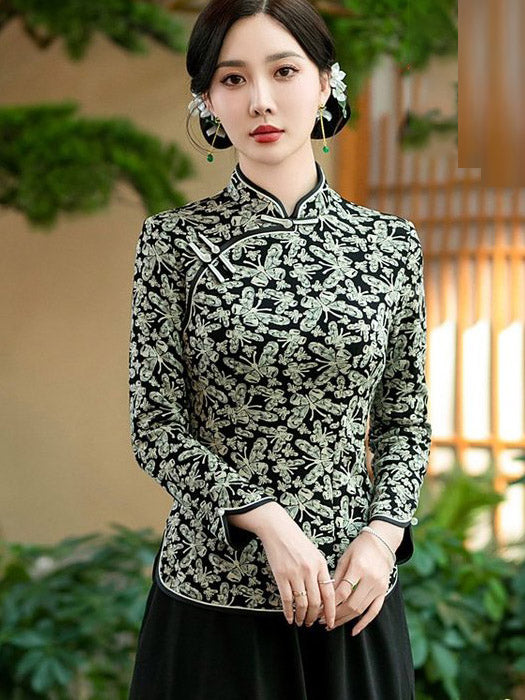 Mothers Floral Fleece Lined Winter Cheongsam Blouse Top