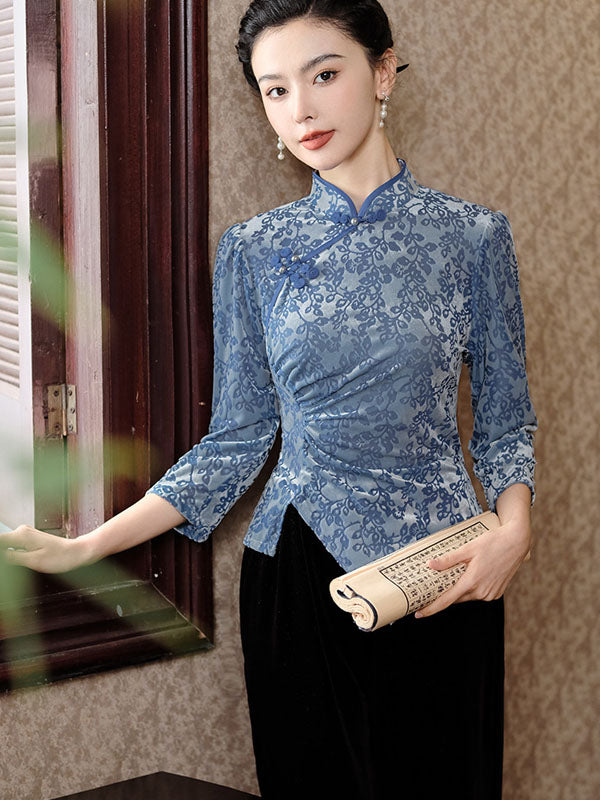 Blue Floral Velvet Irregular Cheongsam Blouse Top