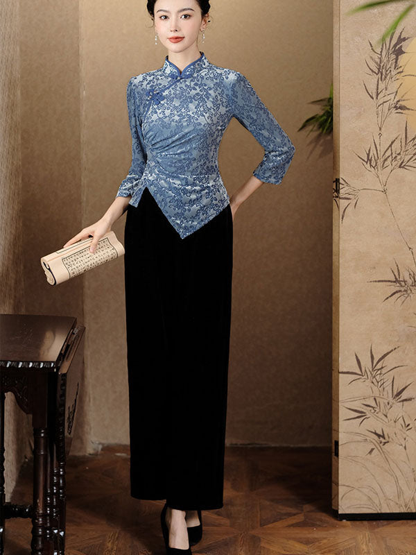 Blue Floral Velvet Irregular Cheongsam Blouse Top