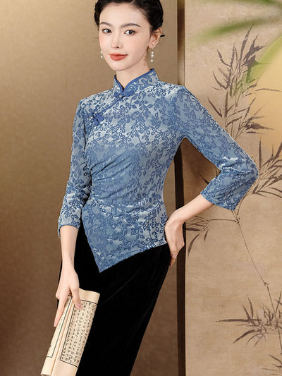 Blue Floral Velvet Irregular Cheongsam Blouse Top