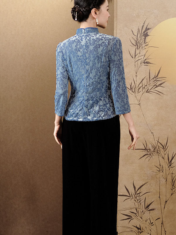 Blue Floral Velvet Irregular Cheongsam Blouse Top