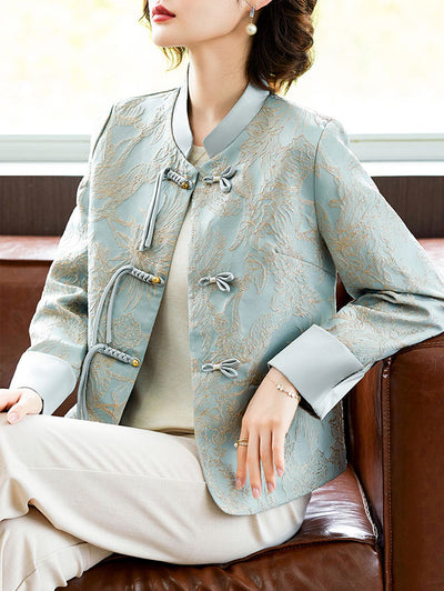 Blue Beige Mothers Jacquard Cheongsam Jacket Blouse