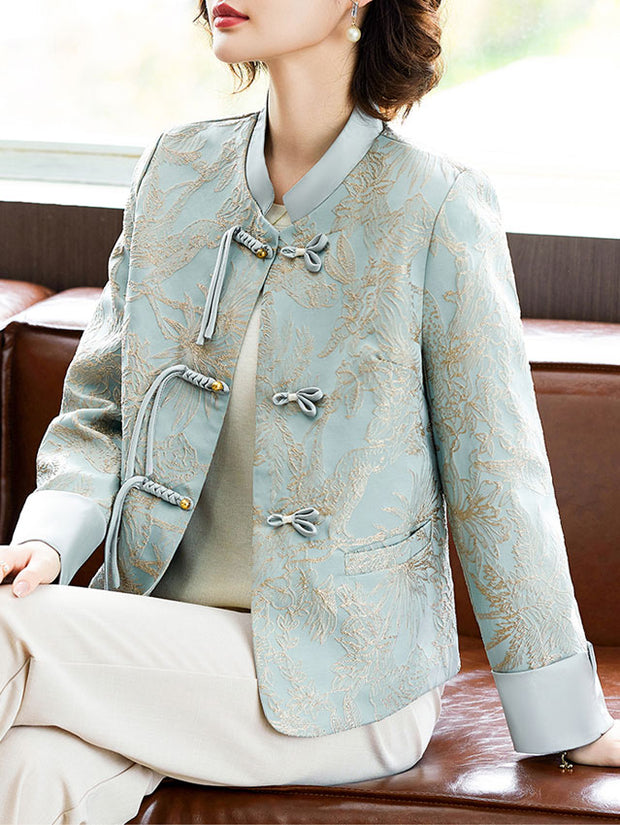 Blue Beige Mothers Jacquard Cheongsam Jacket Blouse