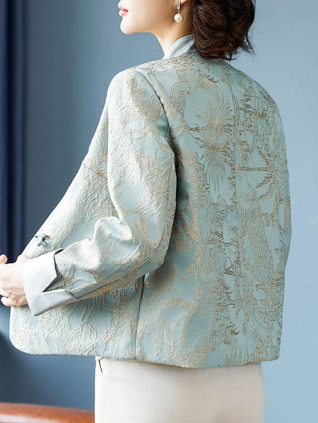 Blue Beige Mothers Jacquard Cheongsam Jacket Blouse
