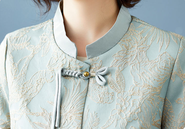 Blue Beige Mothers Jacquard Cheongsam Jacket Blouse