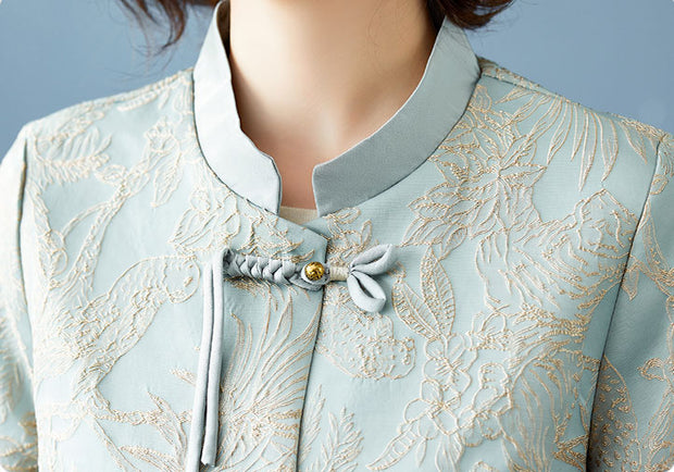 Blue Beige Mothers Jacquard Cheongsam Jacket Blouse