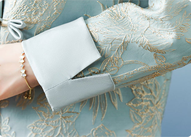 Blue Beige Mothers Jacquard Cheongsam Jacket Blouse