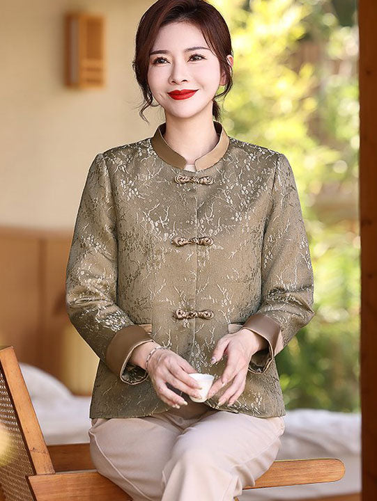 Green Pink Mothers Jacquard Cheongsam Jacket Blouse