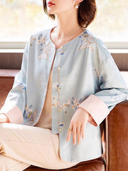 Blue Pink Embroidered Cheongsam Jacket Blouse