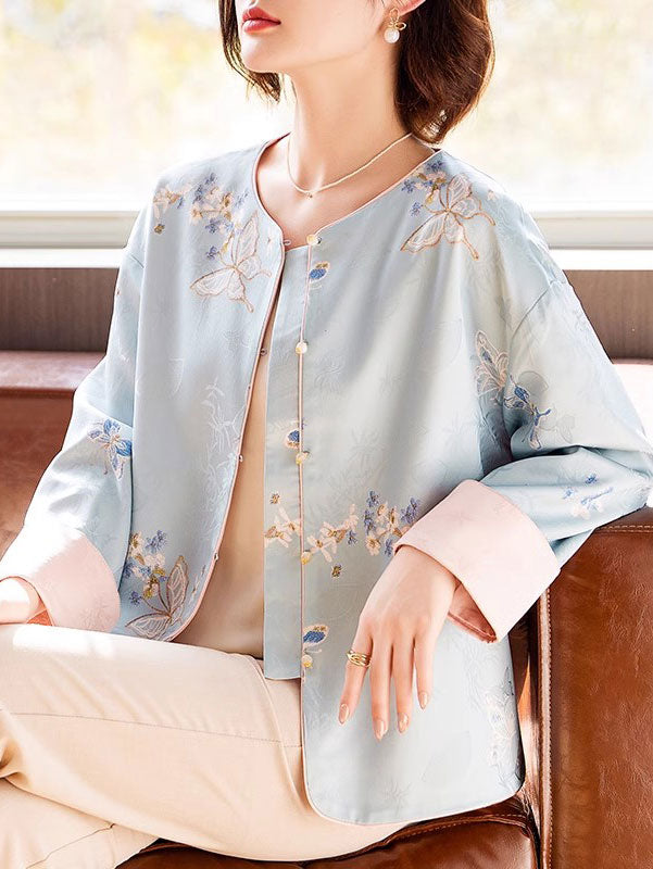 Blue Pink Embroidered Cheongsam Jacket Blouse
