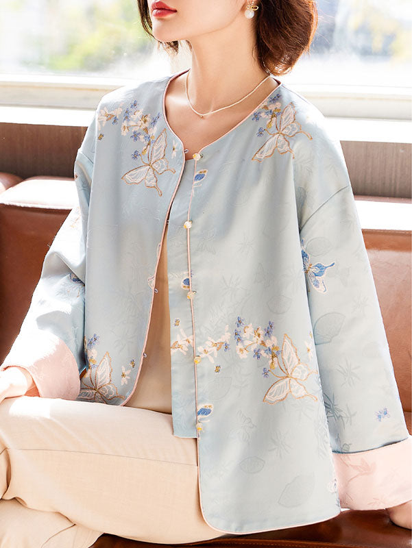 Blue Pink Embroidered Cheongsam Jacket Blouse