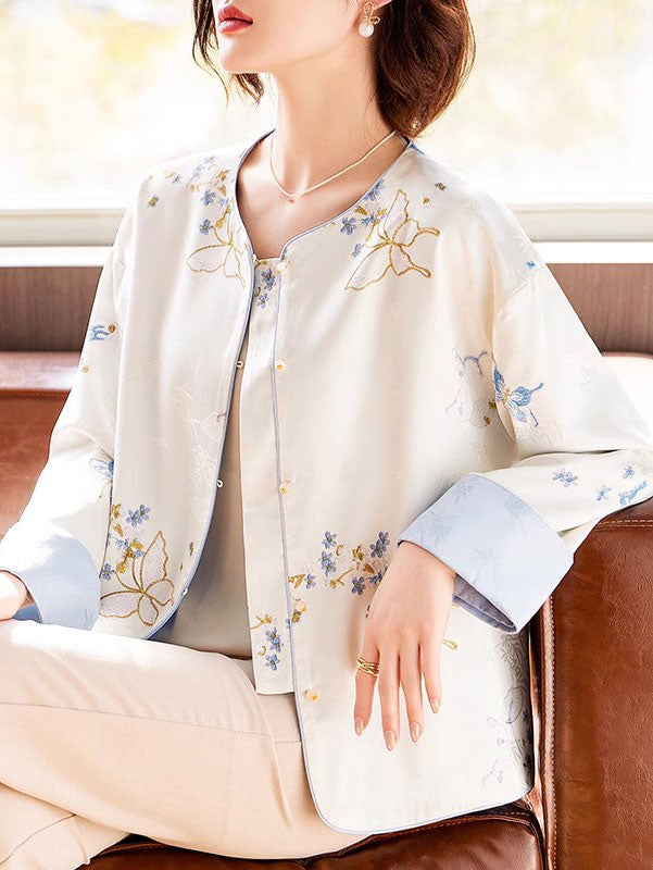 Blue Pink Embroidered Cheongsam Jacket Blouse