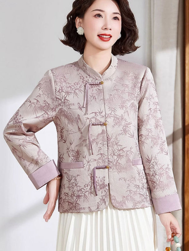 Blue Pink Jacquard Bamboo Cheongsam Jacket Blouse