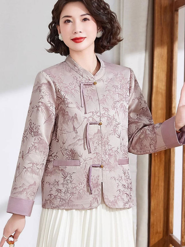 Blue Pink Jacquard Bamboo Cheongsam Jacket Blouse