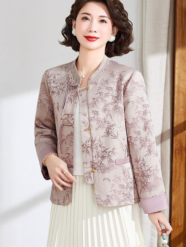 Blue Pink Jacquard Bamboo Cheongsam Jacket Blouse