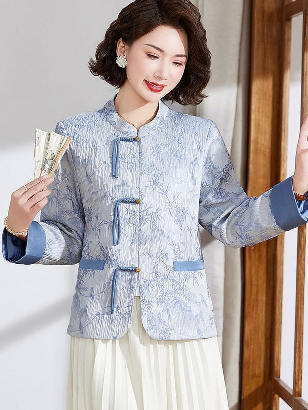 Blue Pink Jacquard Bamboo Cheongsam Jacket Blouse