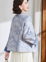Blue Pink Jacquard Bamboo Cheongsam Jacket Blouse