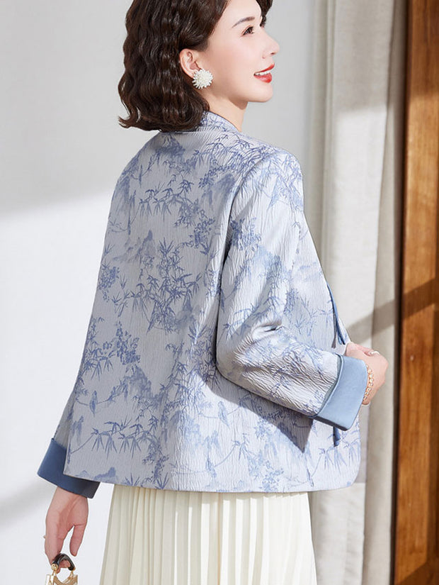 Blue Pink Jacquard Bamboo Cheongsam Jacket Blouse