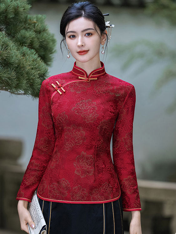 Red Black Jacquard Fleece Winter Cheongsam Blouse Top