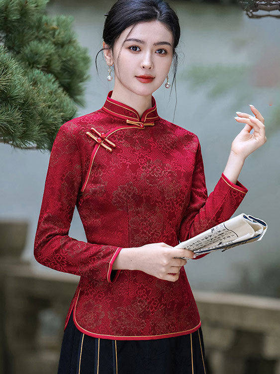 Red Black Jacquard Fleece Winter Cheongsam Blouse Top