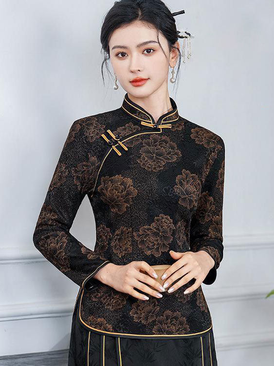Red Black Jacquard Fleece Winter Cheongsam Blouse Top