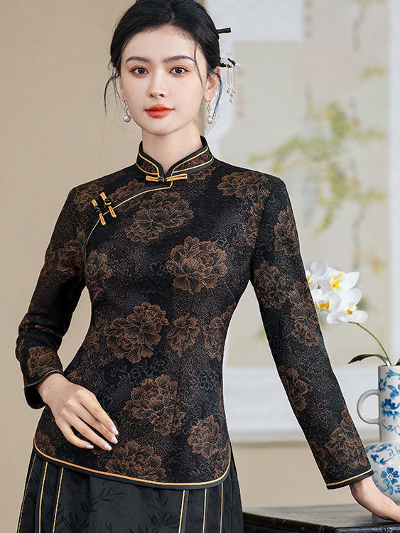 Red Black Jacquard Fleece Winter Cheongsam Blouse Top