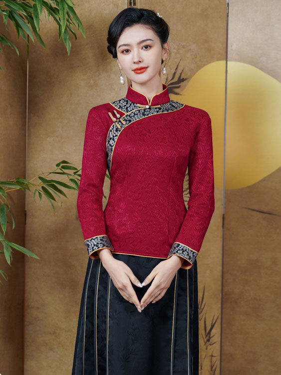 Black Red Woman Fleece Winter Cheongsam Blouse Top