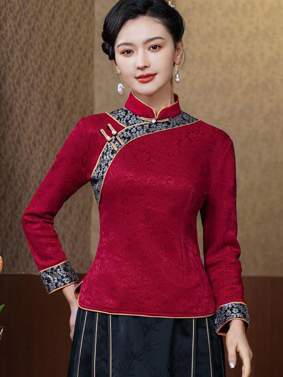 Black Red Woman Fleece Winter Cheongsam Blouse Top