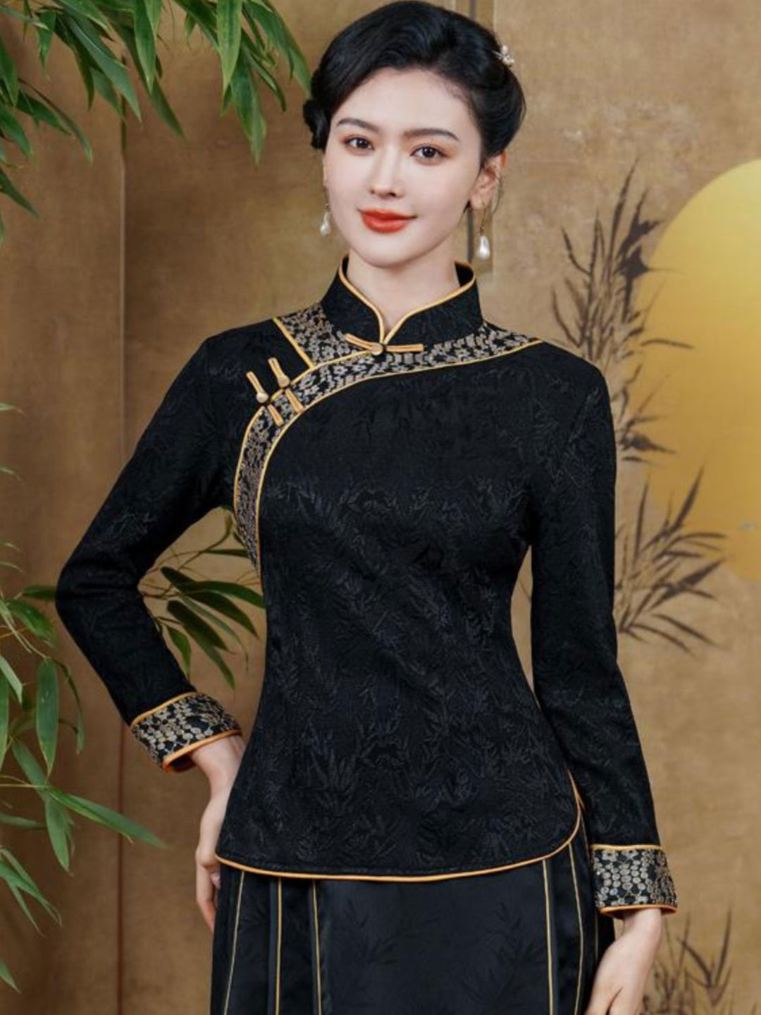 Black Red Woman Fleece Winter Cheongsam Blouse Top
