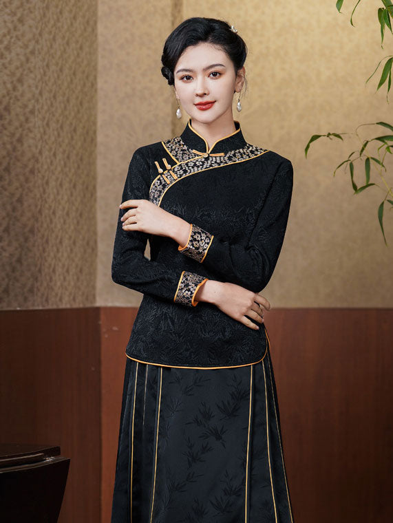 Black Red Woman Fleece Winter Cheongsam Blouse Top
