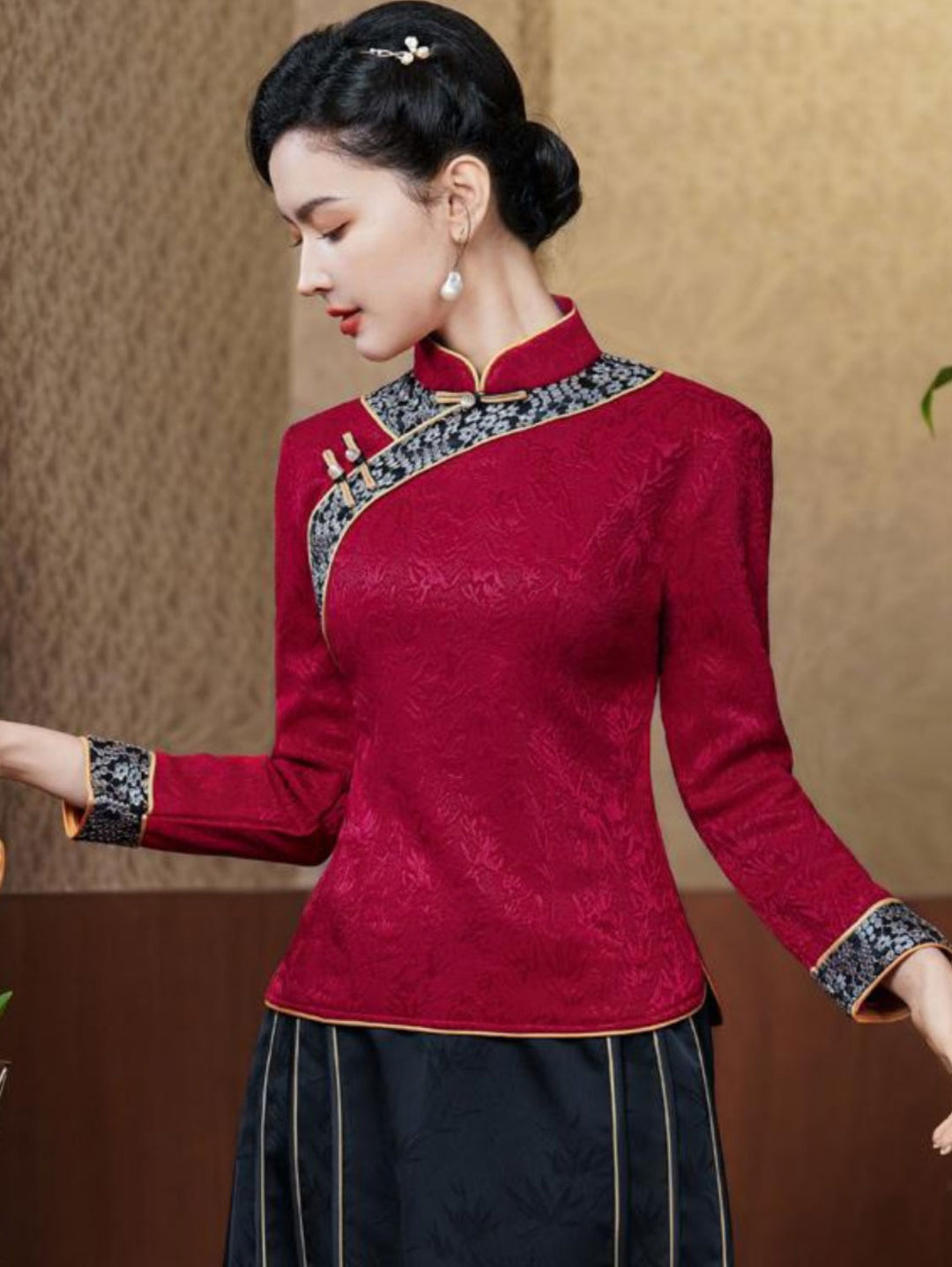 Black Red Woman Fleece Winter Cheongsam Blouse Top