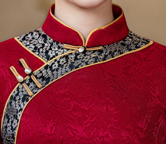 Black Red Woman Fleece Winter Cheongsam Blouse Top