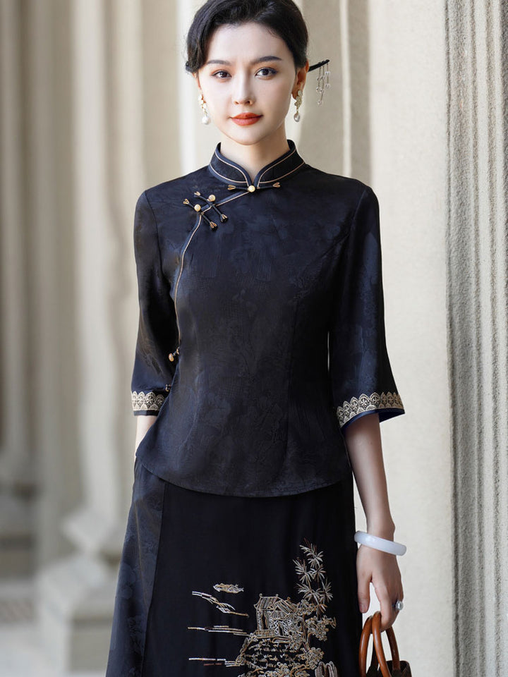 Black Floral Woman Cheongsam Blouse Top