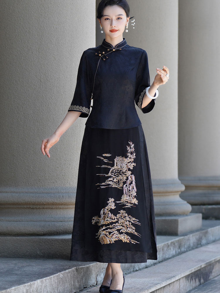 Black Floral Woman Cheongsam Blouse Top