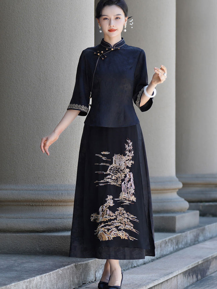 Black Floral Woman Cheongsam Blouse Top