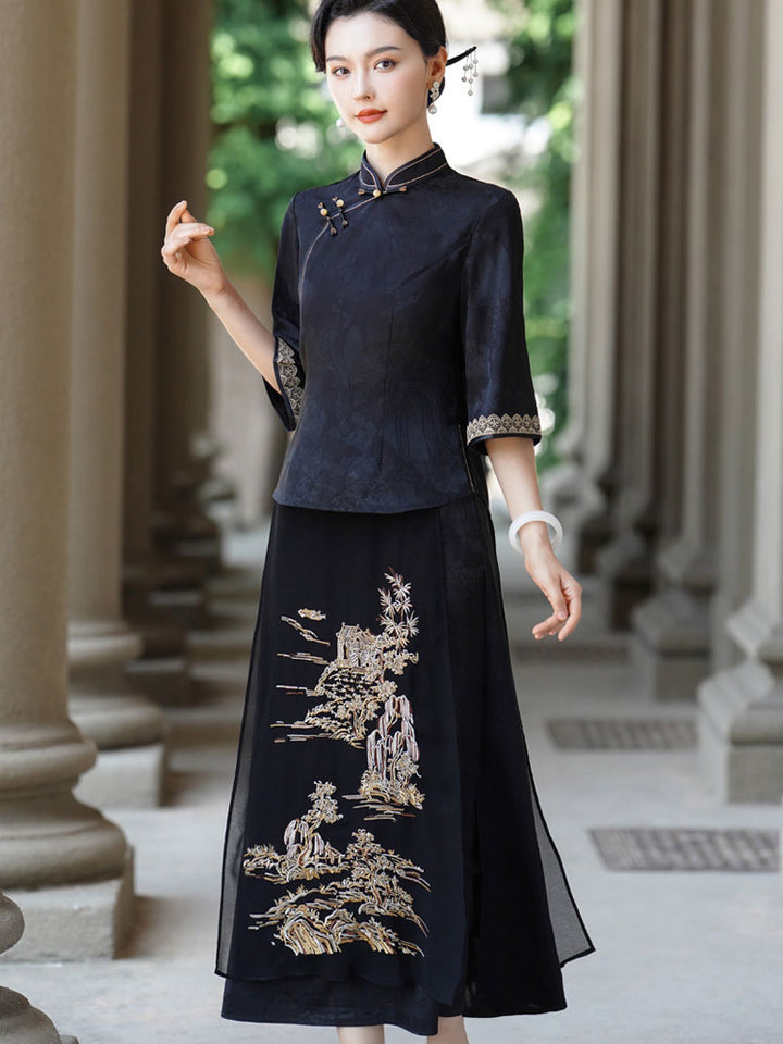 Black Floral Woman Cheongsam Blouse Top