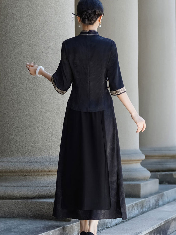 Black Floral Woman Cheongsam Blouse Top