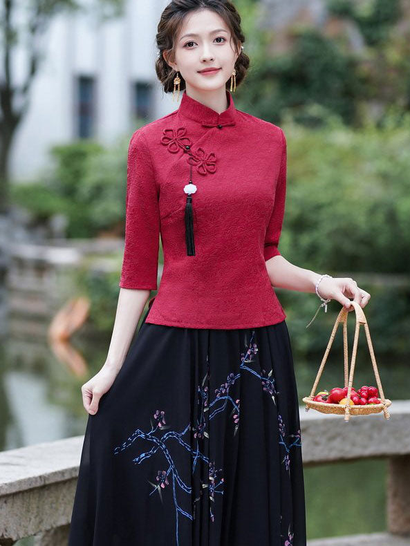 Green Red Woman Linen Cheongsam Blouse Top