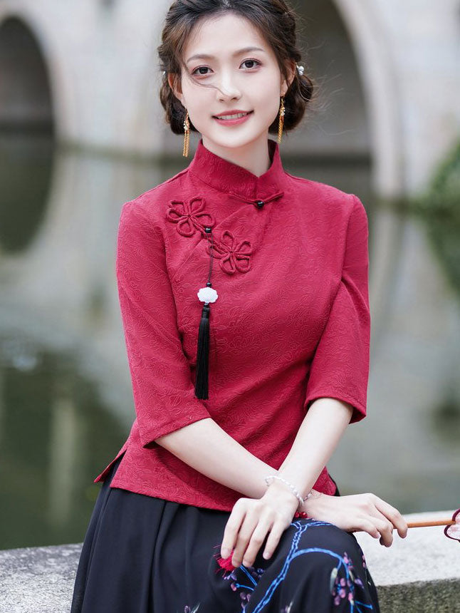 Green Red Woman Linen Cheongsam Blouse Top